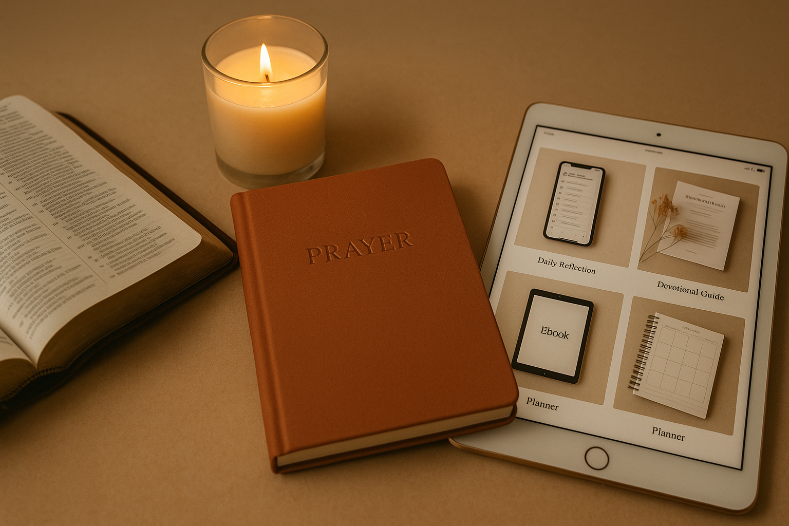 Genere une image avec : 📖 Une Bible ouverte 📔 Un carnet de prière terracotta 🕯️ Une bougie allumée 💻 Une tablette affichant tes produits digitaux 🎨 Le tout dans un format horizontal adapté pour la bannière Shopify (HERO).